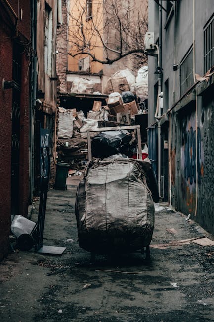 A narrow urban alleyway filled with a large, wheeled, black and beige roll-top rubbish bag in the foreground, with a textured, weathered surface. Behind it, piles of cardboard boxes, discarded paper, 